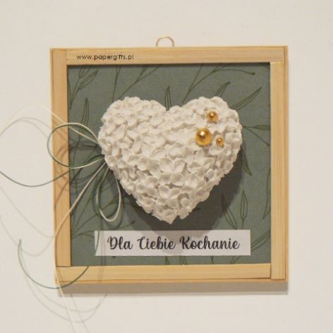 Walentynki Serce z gipsu w ramce dla kochanej osoby - zielone liście złote perły