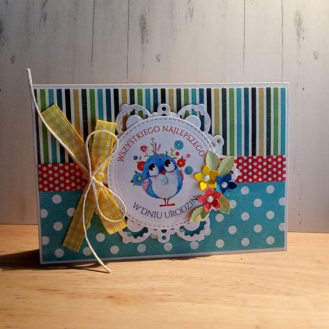 Zabawna kartka urodziny dziecka niebieska sówka