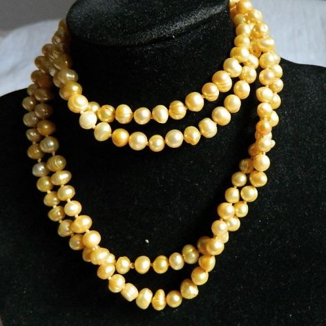 Żółte, naturalne perły słodkowodne, długi sznur pereł, naszyjnik