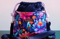 Granatowa listonoszka z kominem z weluru w kwiaty – handmade, unikat