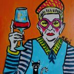 kolorowy obraz babcia z winem i kotem - 
